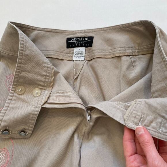 Cotton Stretch Tan/Neutral Cropped Chinos with Pink Floral Embroidery, Size 10 - Picture 4 of 10